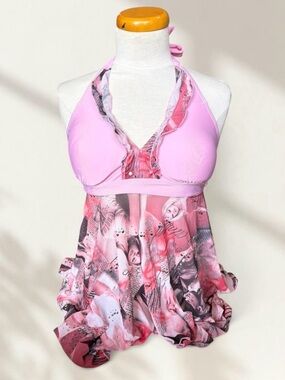 Pink Halter Tankini Bikini Top with Printed Skirt